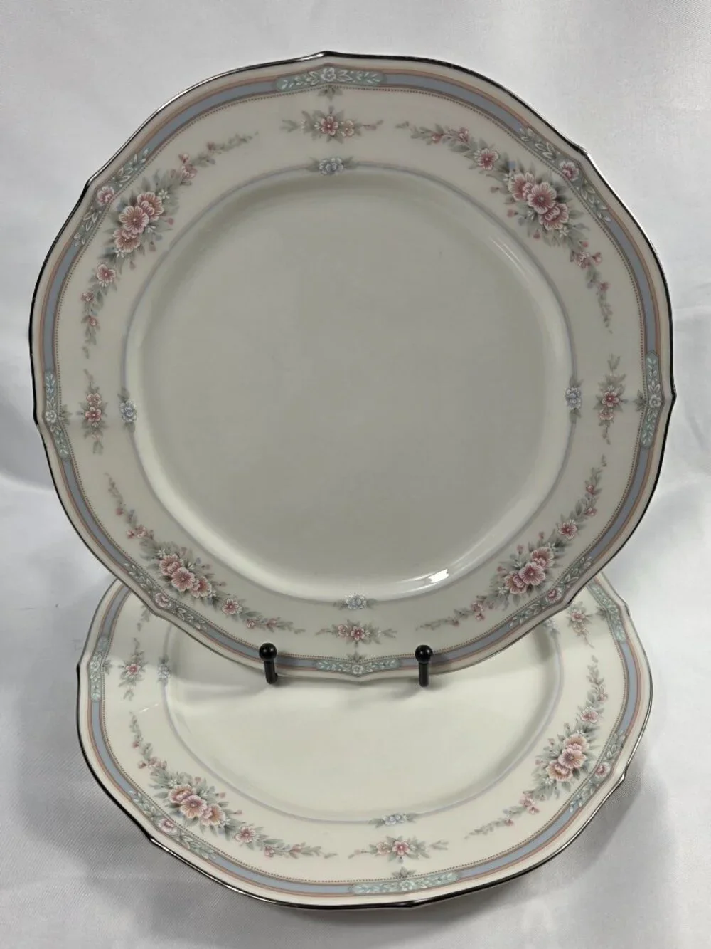 TWO Noritake Rothschild Dinner Plates Ivory Blue Band with Pink Flowers